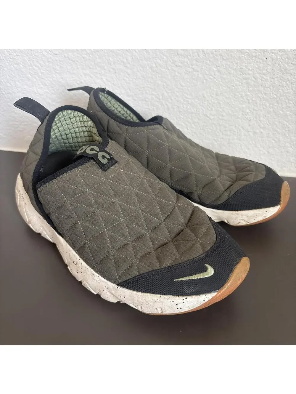 Nike ACG slip-on sneakers in olive green with quilted diamond pattern